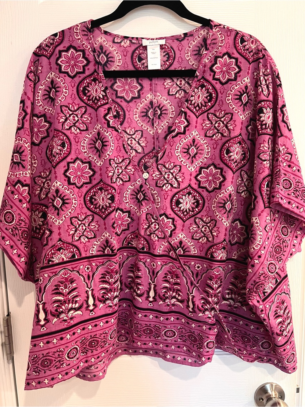Pure Jill Poncho Boho Bandana Print Faux Wrap Lightweight Cotton Blouse Top Pink